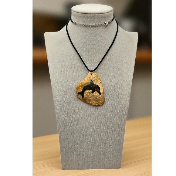 Dolphin Pendant Necklace Black Cord Natural Shell Iridescent Boho Ocean Jewelry - Picture 1 of 7